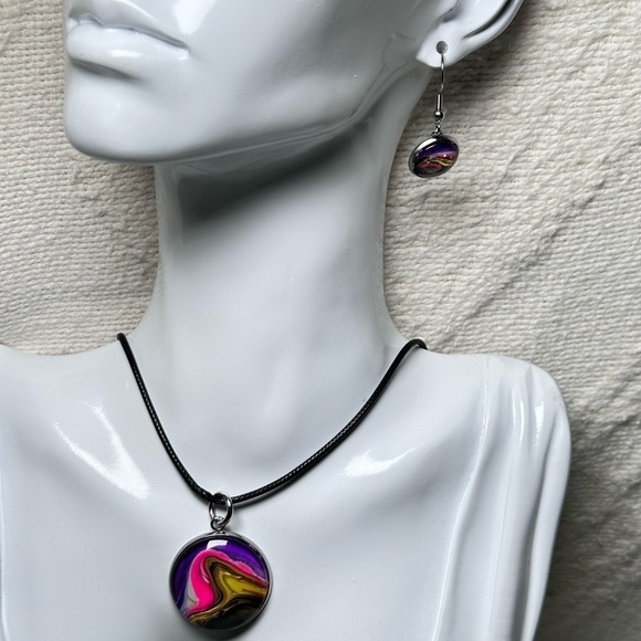 Vibrant Original Acrylic Pour Paint Abstract Art signed Jewelry Set 4185 B - Picture 2 of 11